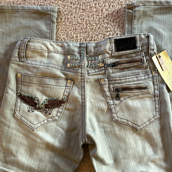 Robin's Jean Denim - Robins light grey straight leg rhinestone jean